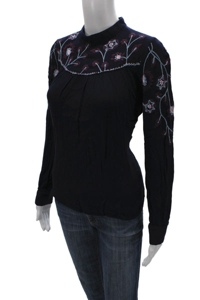 Parker Womens Bohemian Floral High Neck Long Sleeve Tunic Blouse Black Size S