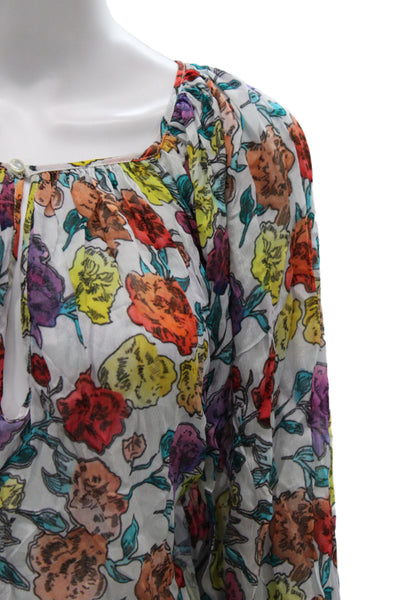 Jen's Pirate Booty Women Tunic Multicolor Floral Square Neck Long Sleeve Size M