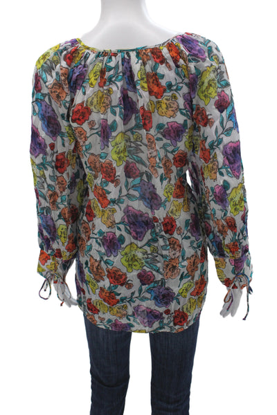 Jen's Pirate Booty Women Tunic Multicolor Floral Square Neck Long Sleeve Size M