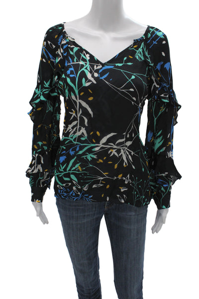 Parker Women Silk V-Neck Floral Tunic Blouse Black Long Sleeve Size S