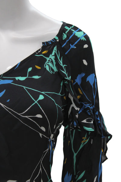 Parker Women Silk V-Neck Floral Tunic Blouse Black Long Sleeve Size S