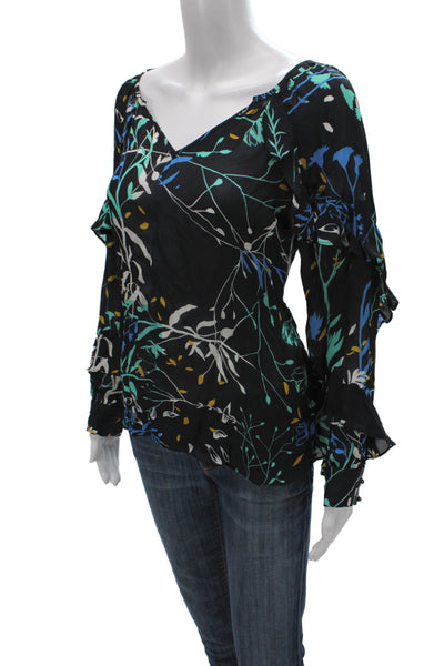 Parker Women Silk V-Neck Floral Tunic Blouse Black Long Sleeve Size S