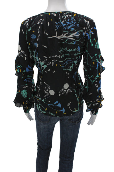 Parker Women Silk V-Neck Floral Tunic Blouse Black Long Sleeve Size S