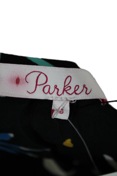 Parker Women Silk V-Neck Floral Tunic Blouse Black Long Sleeve Size S