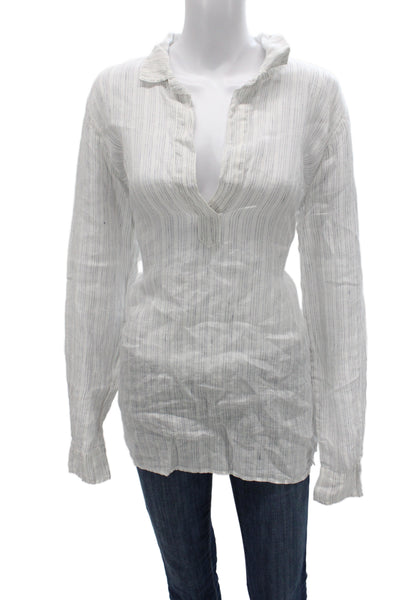 CP Shades Women Collared Striped Linen Tunic Blouse Long Sleeve White Size S
