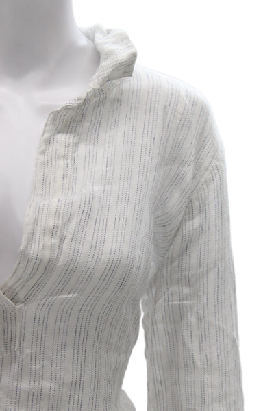 CP Shades Women Collared Striped Linen Tunic Blouse Long Sleeve White Size S