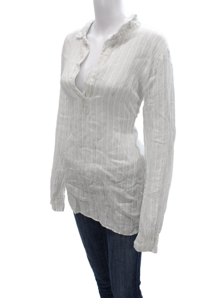 CP Shades Women Collared Striped Linen Tunic Blouse Long Sleeve White Size S