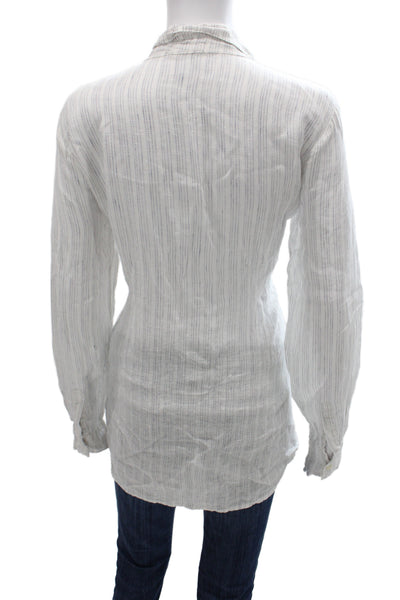 CP Shades Women Collared Striped Linen Tunic Blouse Long Sleeve White Size S