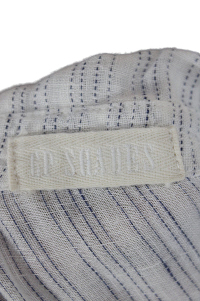 CP Shades Women Collared Striped Linen Tunic Blouse Long Sleeve White Size S