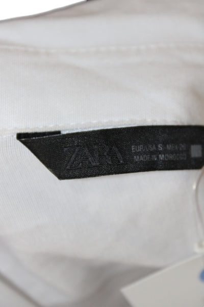 Zara Women White Collared Long Sleeve Button-Up Blouse Basic Cotton Size S