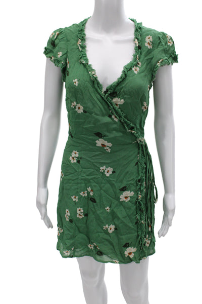 Reformation Womens Floral V-Neck Mini Dress Green Short Sleeve Viscose Size M