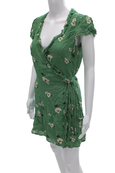 Reformation Womens Floral V-Neck Mini Dress Green Short Sleeve Viscose Size M
