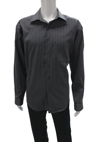 Pronto Uomo Mens 100 Percent Cotton Striped Button Front Shirt Blue Gray Size XL