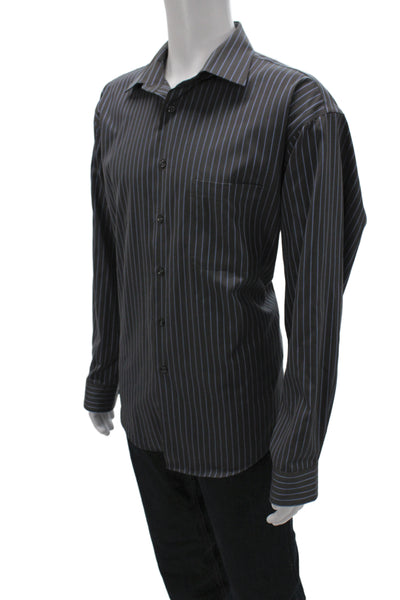 Pronto Uomo Mens 100 Percent Cotton Striped Button Front Shirt Blue Gray Size XL