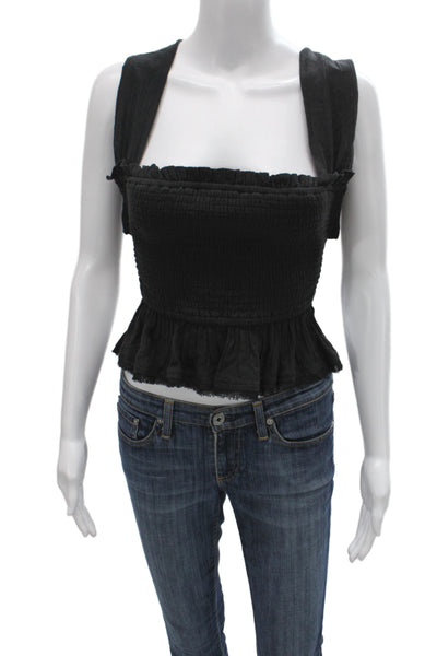 Free People Womens Cropped Sleeveless Square Neck Black Blouse Boho Size S