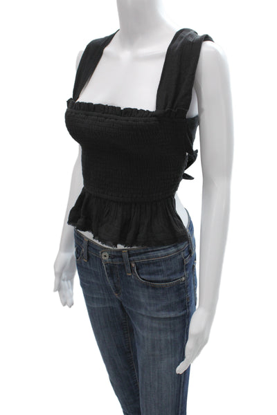Free People Womens Cropped Sleeveless Square Neck Black Blouse Boho Size S