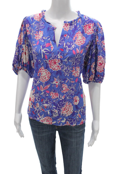 Rachel Zoe Womens Tunic Blouse Blue Floral V-Neck 3/4 Sleeve Rayon Size M