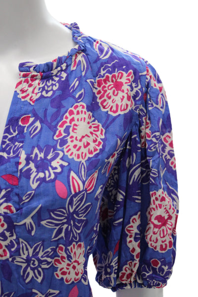 Rachel Zoe Womens Tunic Blouse Blue Floral V-Neck 3/4 Sleeve Rayon Size M
