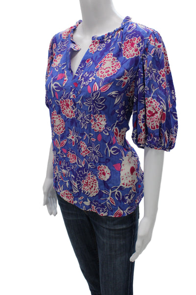 Rachel Zoe Womens Tunic Blouse Blue Floral V-Neck 3/4 Sleeve Rayon Size M