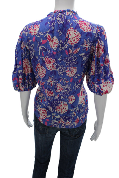 Rachel Zoe Womens Tunic Blouse Blue Floral V-Neck 3/4 Sleeve Rayon Size M