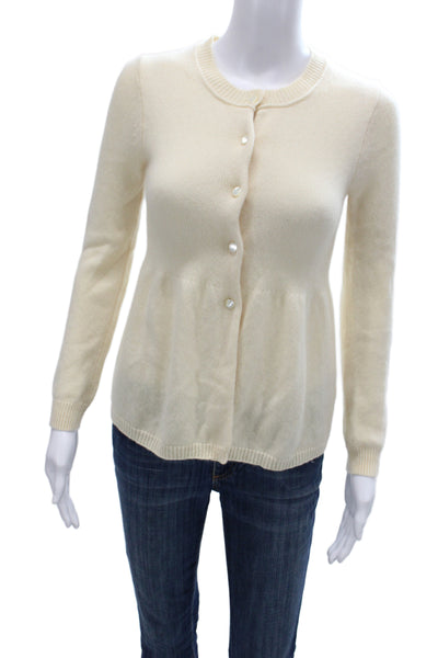 J Crew Women Cardigan Sweater Ivory 100% Cashmere Round Neck Long Sleeve Size S