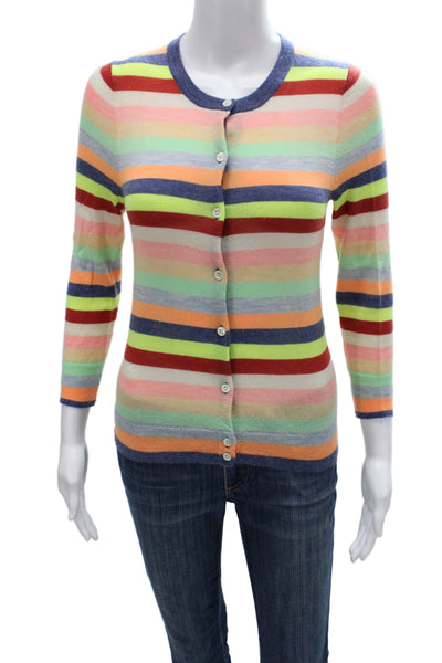 J Crew Women Cardigan Multicolor Cashmere Striped Round Neck 3/4 Sleeve Size S
