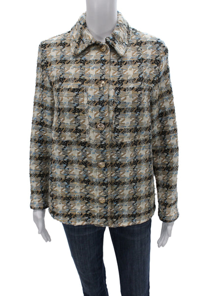Zara Women Beige Plaid Basic Jacket 40% Cotton Long Sleeve Button Size XS