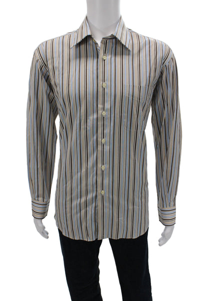Ike Behar Mens Classic Striped 100% Cotton Collared Dress Shirt Beige Size 16