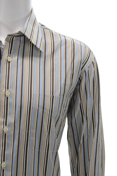 Ike Behar Mens Classic Striped 100% Cotton Collared Dress Shirt Beige Size 16