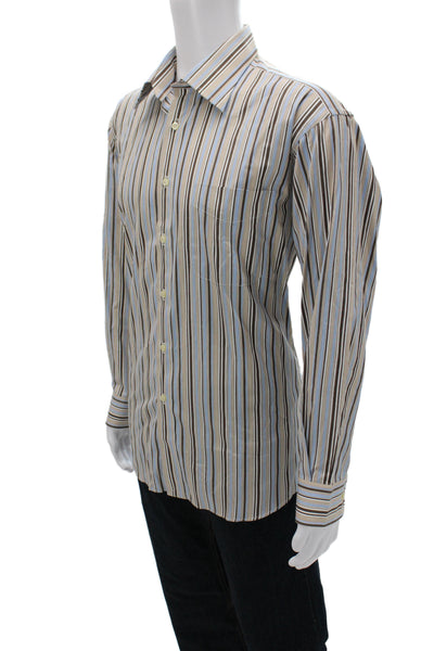 Ike Behar Mens Classic Striped 100% Cotton Collared Dress Shirt Beige Size 16