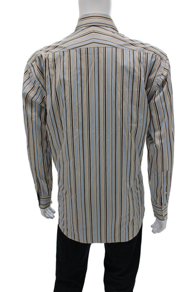 Ike Behar Mens Classic Striped 100% Cotton Collared Dress Shirt Beige Size 16
