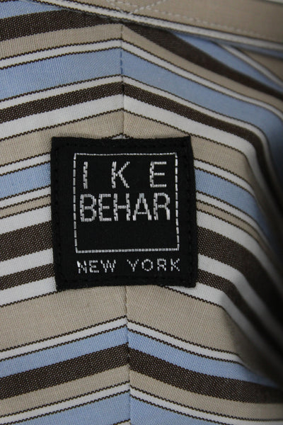 Ike Behar Mens Classic Striped 100% Cotton Collared Dress Shirt Beige Size 16