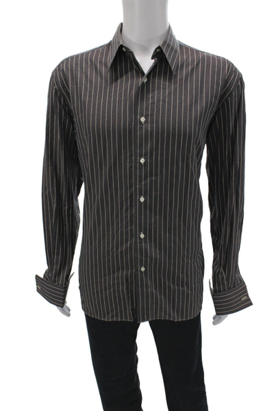 Borrelli Mens Brown Pinstripe Cotton Dress Shirt Standard Cuff Size 15.5