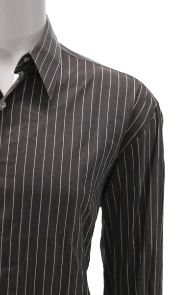 Borrelli Mens Brown Pinstripe Cotton Dress Shirt Standard Cuff Size 15.5