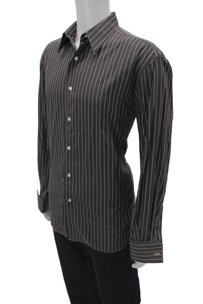 Borrelli Mens Brown Pinstripe Cotton Dress Shirt Standard Cuff Size 15.5