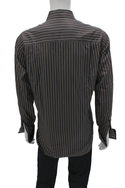 Borrelli Mens Brown Pinstripe Cotton Dress Shirt Standard Cuff Size 15.5