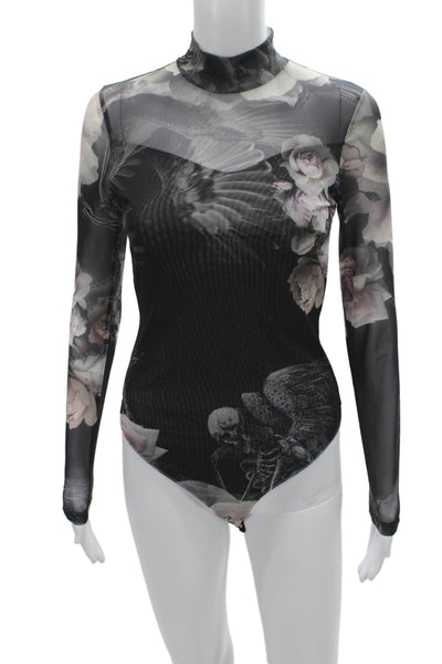 Allsaints Womens Gothic Black Floral High Neck Long Sleeve Bodysuit Size 2