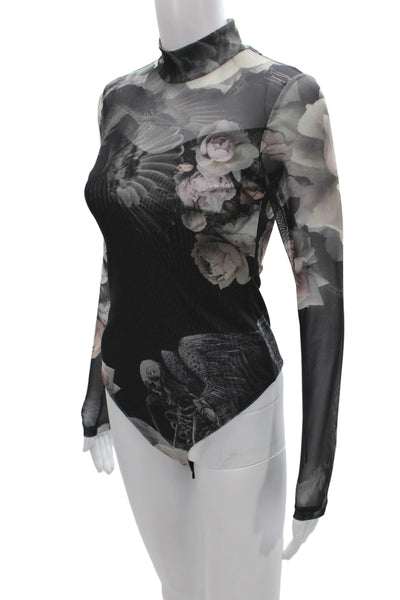 Allsaints Womens Gothic Black Floral High Neck Long Sleeve Bodysuit Size 2