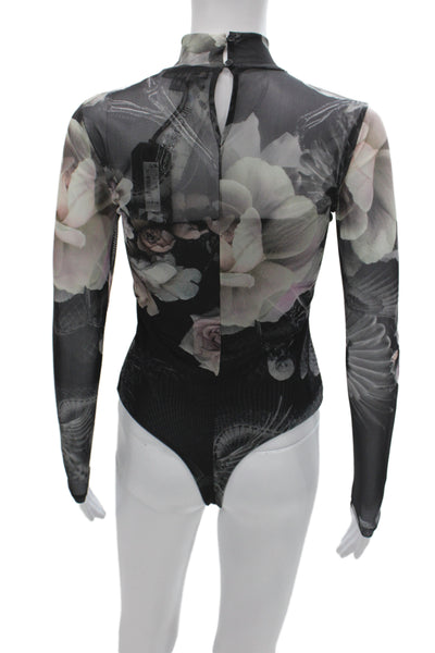 Allsaints Womens Gothic Black Floral High Neck Long Sleeve Bodysuit Size 2