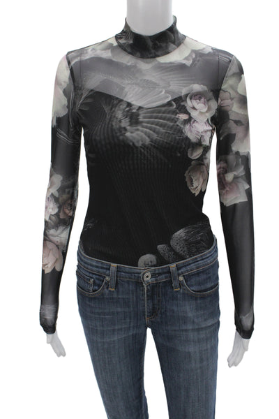 Allsaints Womens Gothic Black Floral High Neck Long Sleeve Bodysuit Size 2