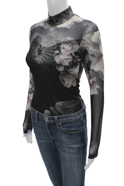 Allsaints Womens Gothic Black Floral High Neck Long Sleeve Bodysuit Size 2