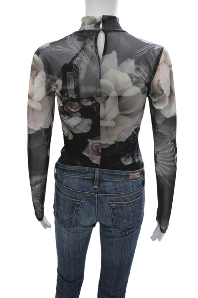 Allsaints Womens Gothic Black Floral High Neck Long Sleeve Bodysuit Size 2
