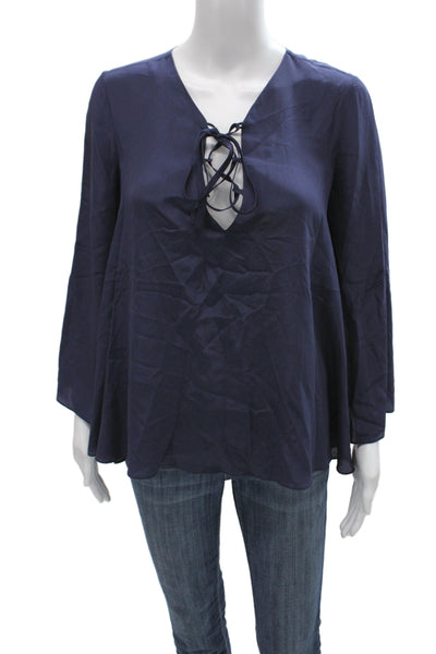 Allison Collection Women Tunic Blue Silk V-Neck Long Sleeve Lace Up Size XS