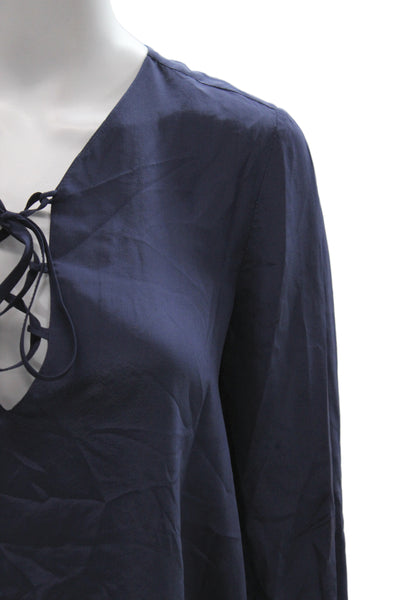 Allison Collection Women Tunic Blue Silk V-Neck Long Sleeve Lace Up Size XS