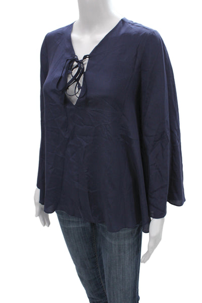 Allison Collection Women Tunic Blue Silk V-Neck Long Sleeve Lace Up Size XS