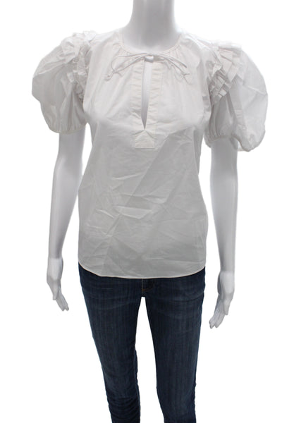 Olivaceous Women White V-Neck Short Sleeve Boho Basic Blouse Cotton Size S