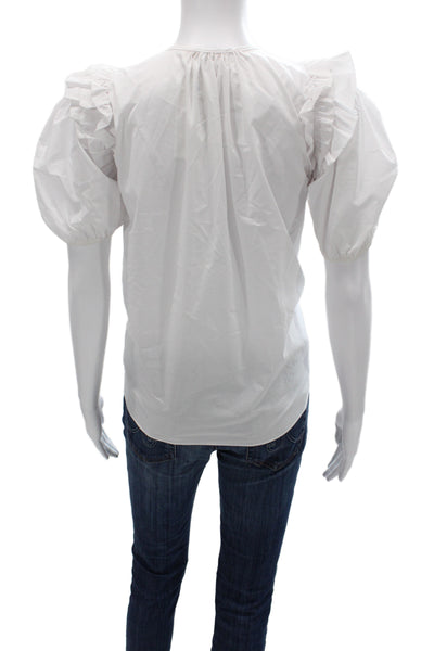 Olivaceous Women White V-Neck Short Sleeve Boho Basic Blouse Cotton Size S