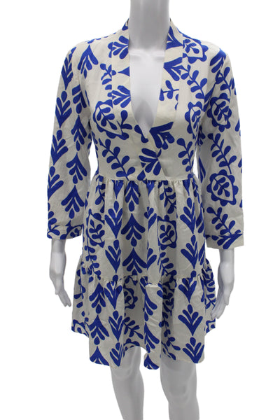 Zara Womens Mini Dress Blue Cotton V Neck 3/4 Sleeve Floral Boho Size M