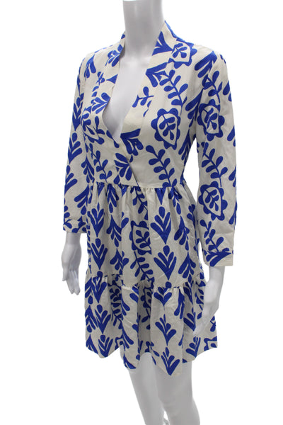 Zara Womens Mini Dress Blue Cotton V Neck 3/4 Sleeve Floral Boho Size M
