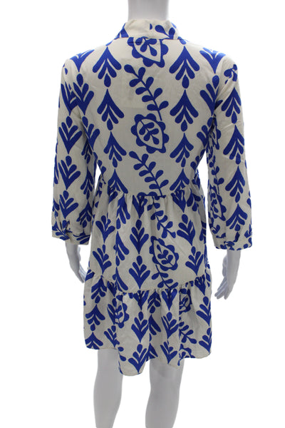Zara Womens Mini Dress Blue Cotton V Neck 3/4 Sleeve Floral Boho Size M